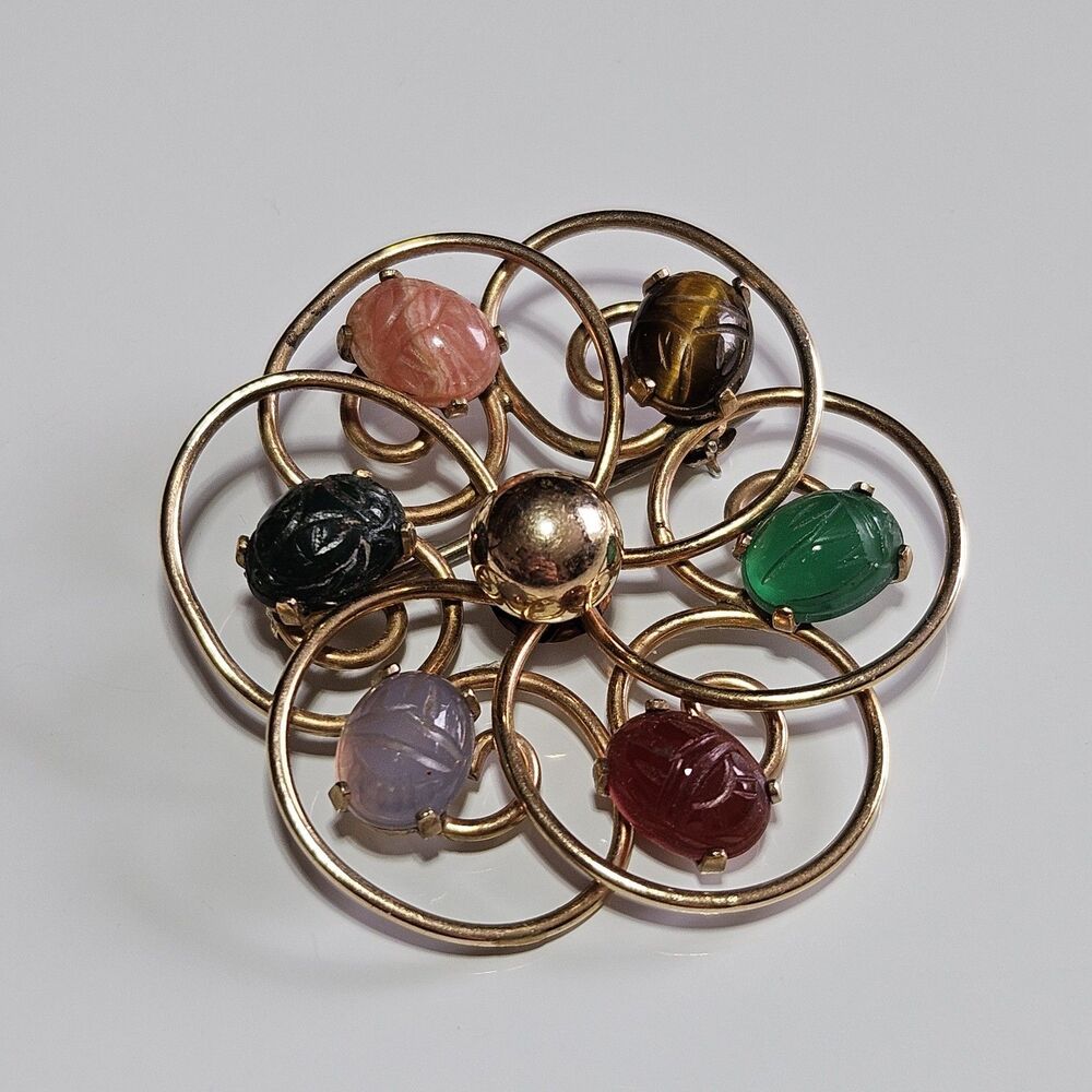 Van Dell Vintage 12K Gold Filled Carved Gemstone Scarab Beetle Gemstone Brooch